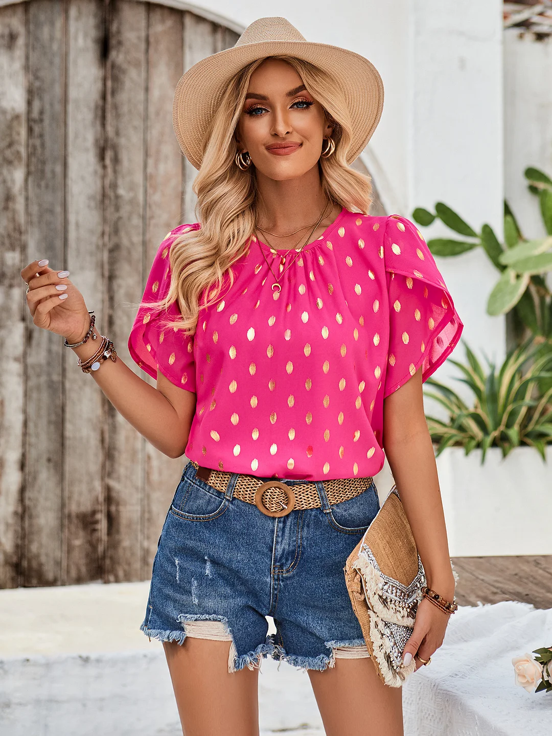 Woherb Woherb Clear New Wind Hot Women's Wear 2024 New Round Collar Pinch Pleated Polka Point Short-Sleeved Jacket Women-Outfit Ideas