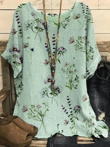 Ladies Elegant Floral Digital Print Short Sleeve T-Shirt