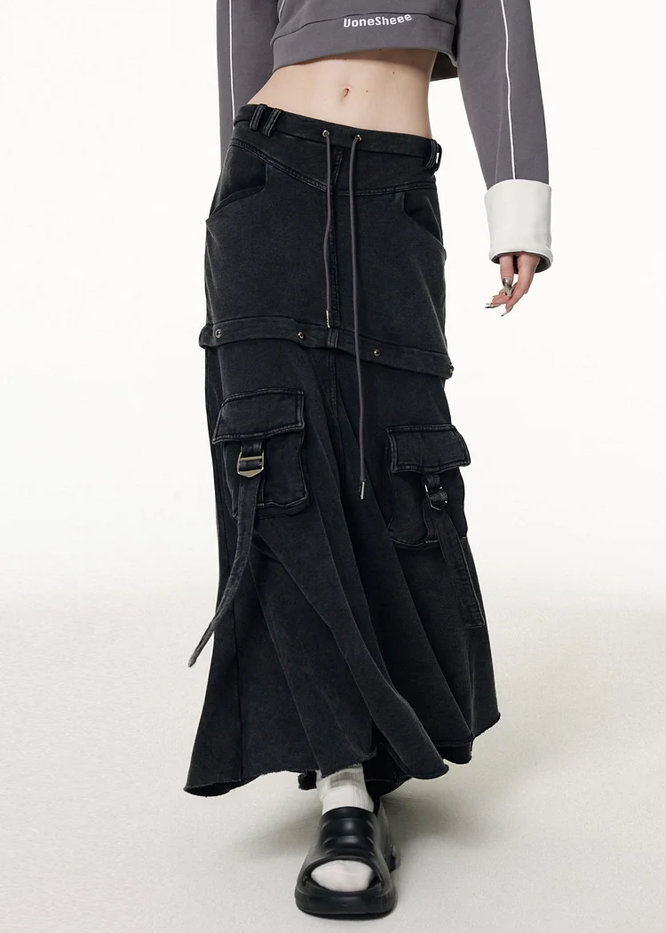 DIY Grey Patchwork Elastic Waist Drawstring Denim Maxi Skirts Fall