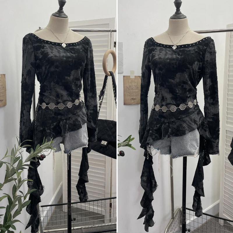 Churchf Real Shooting Niche Does Not Hit The Wasteland Hottie Wearing Hooded Holes Long Sleeves Irregular Ribbon Clothing 9297