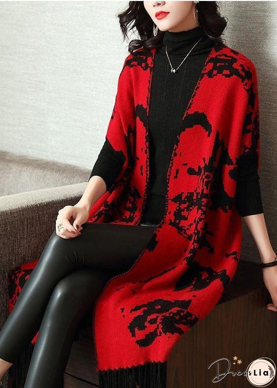 Women Red Print Knit Wool Long Cardigans Short Sleeve