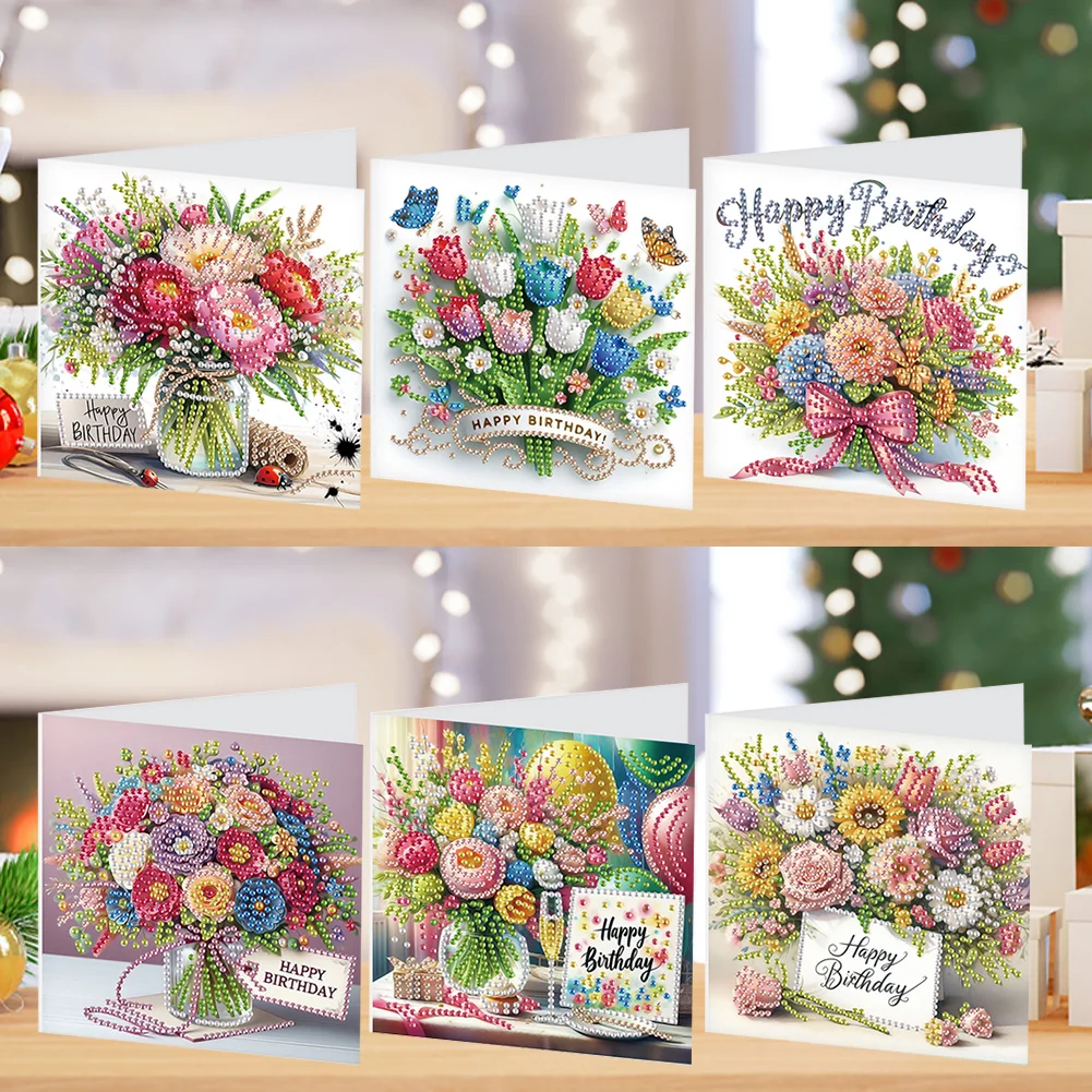[Upgrade-Laser Card]6Pcs Birthday Bouquet DIY Diamond Painting Card Diamond Drawing Card for Friends