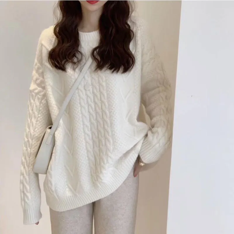 Churchf Churchf Thick Twist Pure Color Loose Sweater Female Autumn Dong New Round Collar Lazy Wind Sweater Jacket
