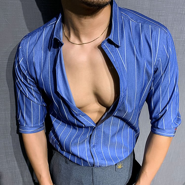 Gentleman Elegant Vertical Stripes Half Sleeve Mens Shirt