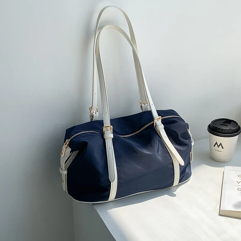 Mongw Mongw Korea's New Commuter Nylon Splicing One-Shoulder Tote Bag Women's Large Capacity Collision Color Versatile Leisure Sports Fitness Bag