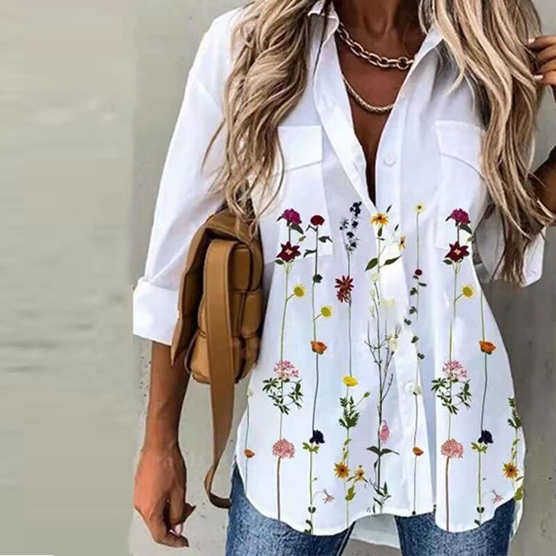 Elegant Turn-Down Collar Floral Print Blouses&Shirts