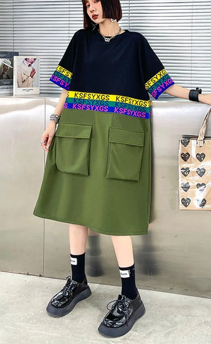 Fine Black Patchwork Green Pockets Holiday Summer Cotton Dress