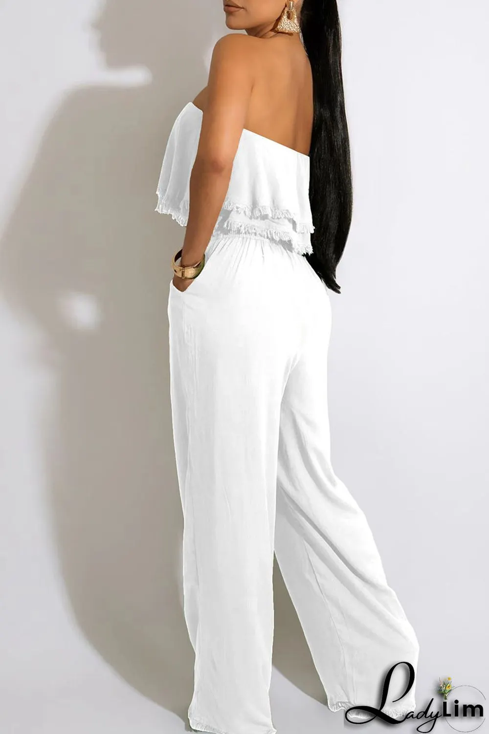 White Casual Solid Patchwork Strapless Straight Jumpsuits