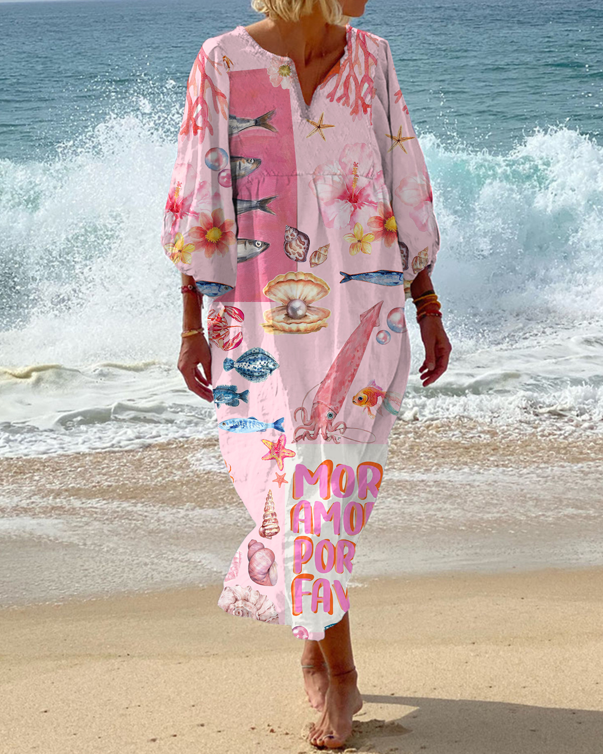 Vacation Ocean World Art Print V-Neck Loose Dress