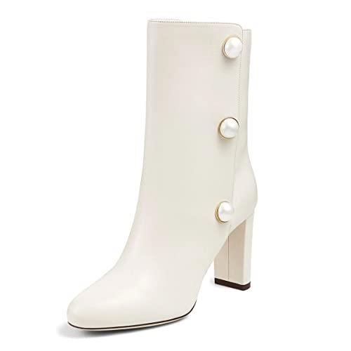White Round Toe Chunky Heel Pearl Studded Short Boots for Women Nicepairs