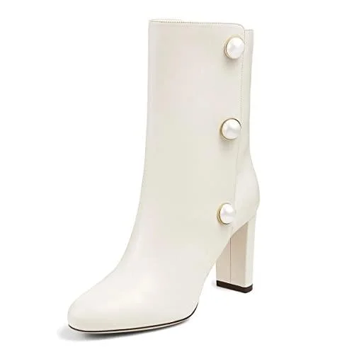 Full White Almond Toe Block Heel Boots Pearl Decors Calf Boots Nicepairs