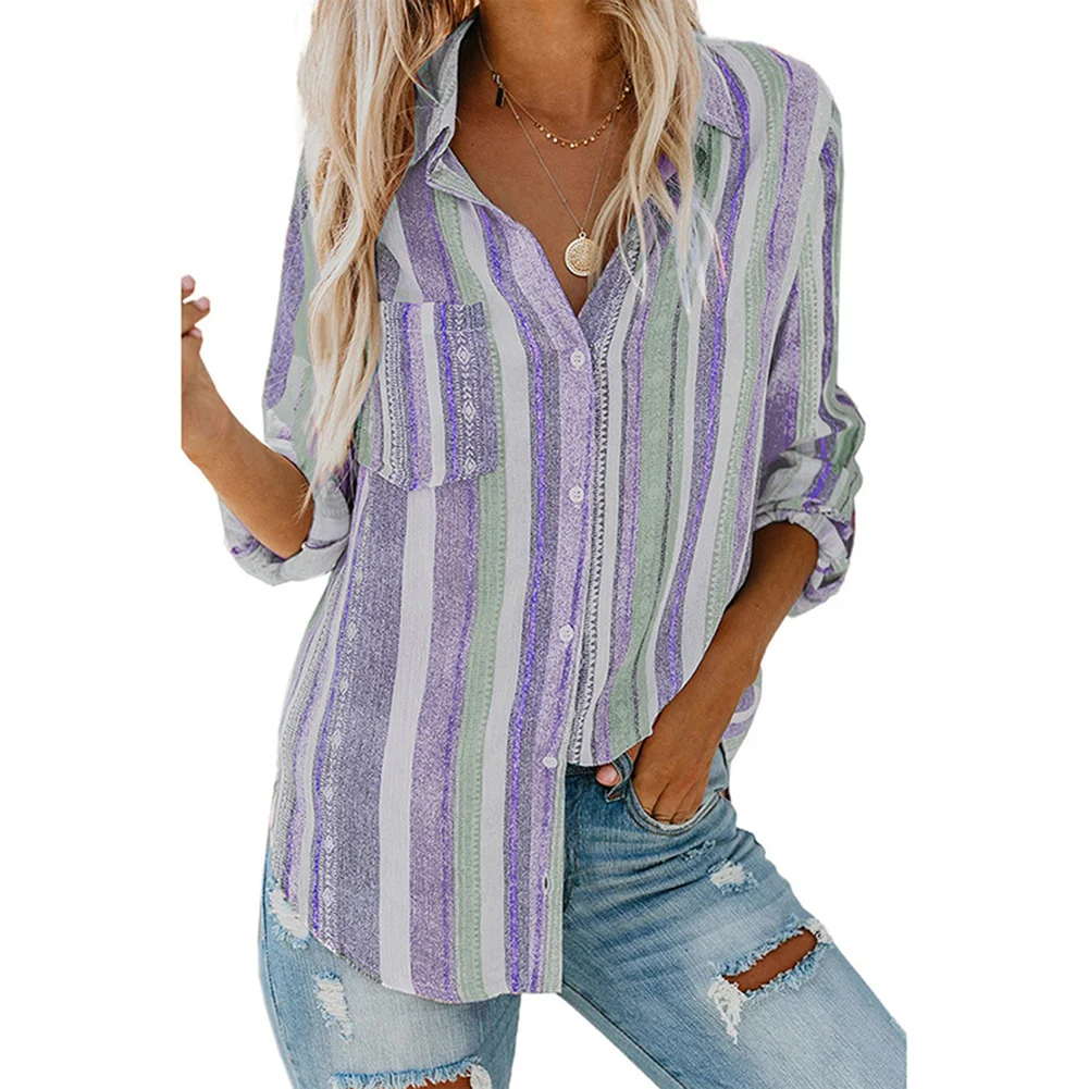 Purple Striped Print Long Sleeve Button Pocket Shirt