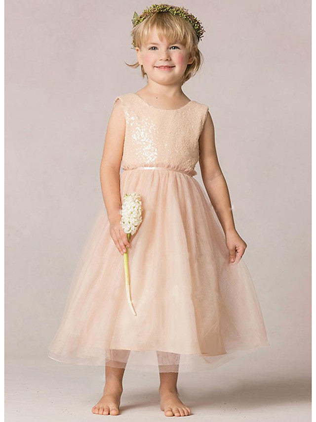 Oknass Sleeveless Jewel Neck A-Line Flower Girl Dress Tulle With Sequins