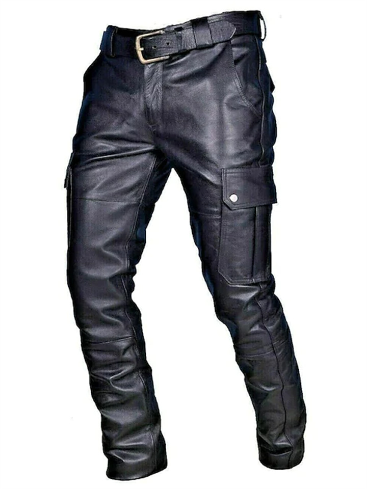 Men's Faux Leather Pants Trousers Casual Pants Multi Pocket Solid Color ...
