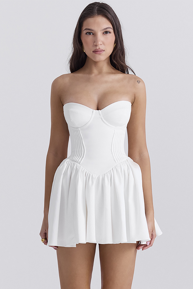 Strapless Corset Pleated Hem Mini Dresses-White [Pre Order]