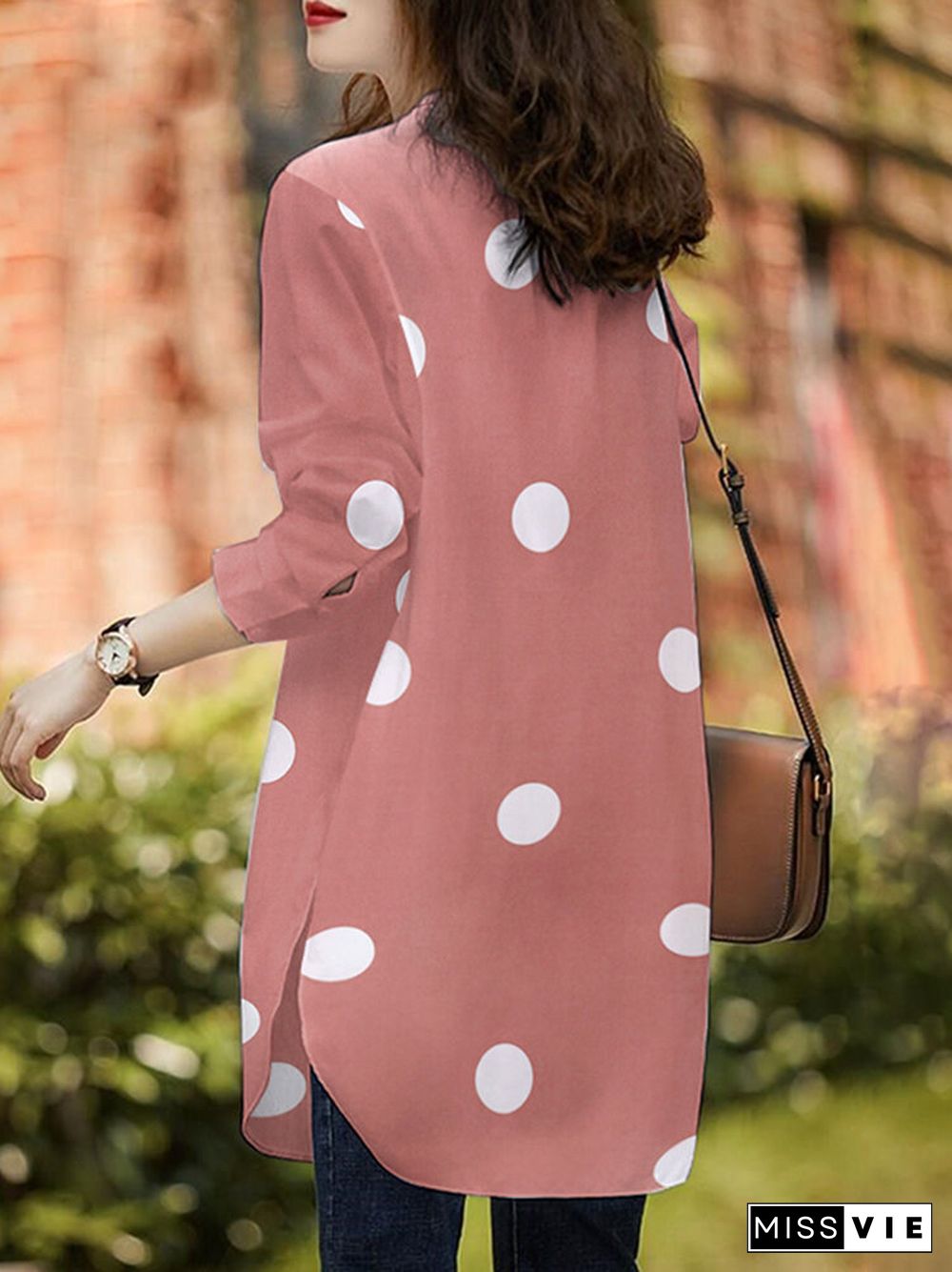 Polka Dot Button Split Long Sleeve Stand Collar Casual Shirt