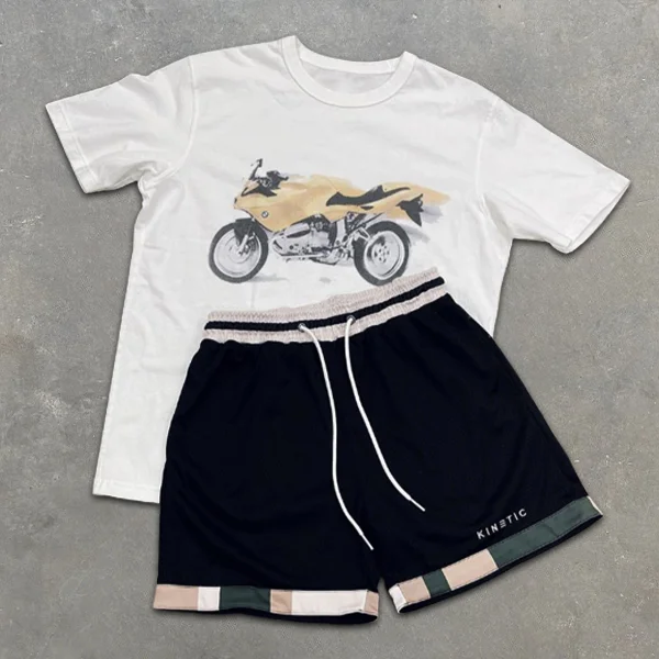 Motorcycle Print Short Sleeve Colorblock Shorts Two-Piece Set