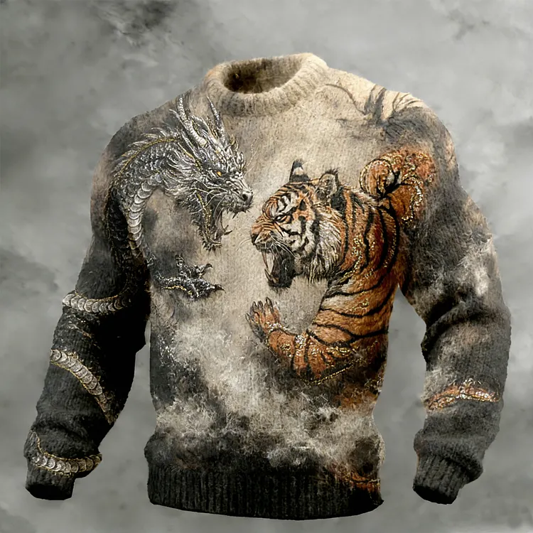 Men's Retro Dragon And Tiger Duel Graphic Pattern Knit Sweater
