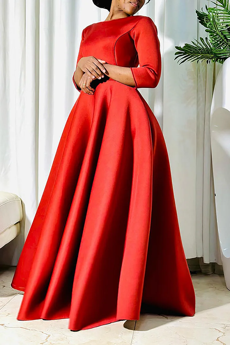 Plus Size Formal Dress Red Round Neck Solid A Line Maxi Dress