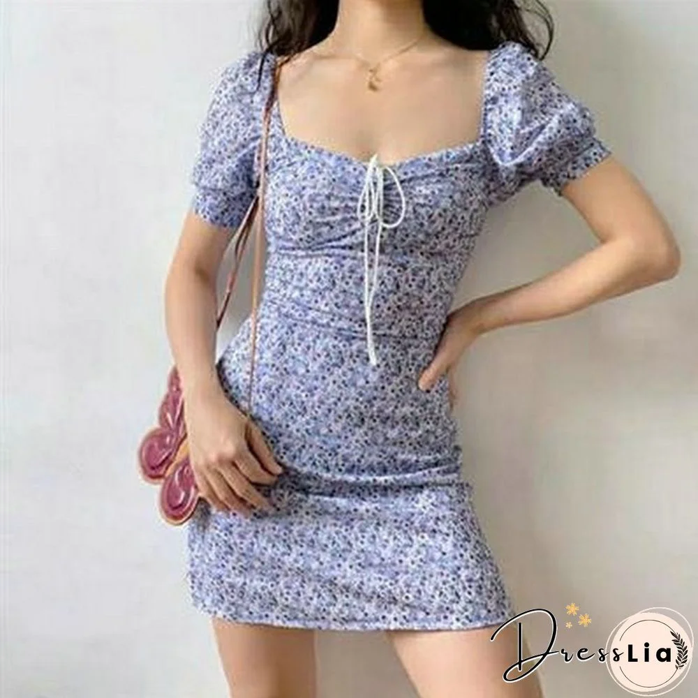 Summer Dress Retro Boho Women Tie Neck Floral Print Mini Sexy White Dress Elegant Puff Sleeve Dresses