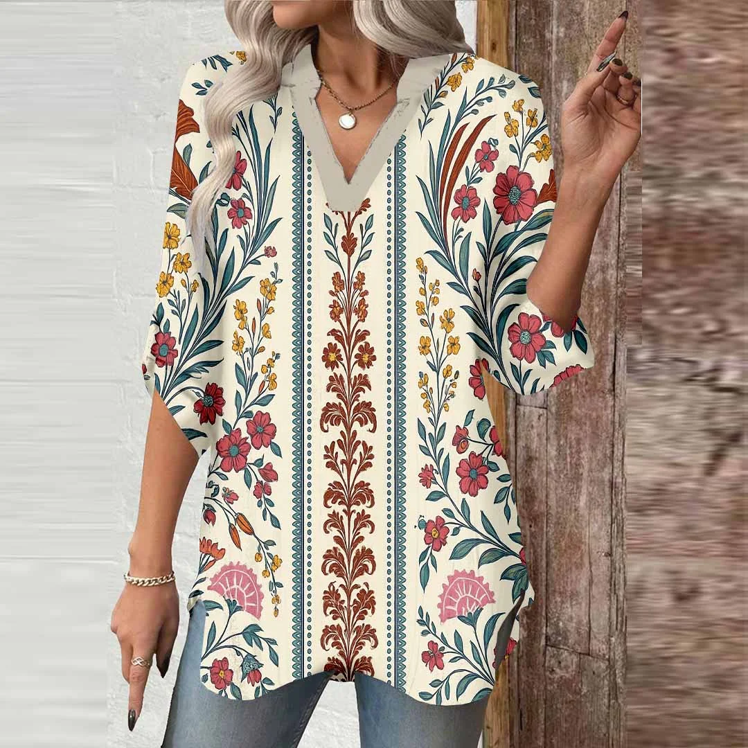 Women Tropical,Red,Blue DZGA0275 3/4 Sleeve V-neck Printed Graphic Button Tops