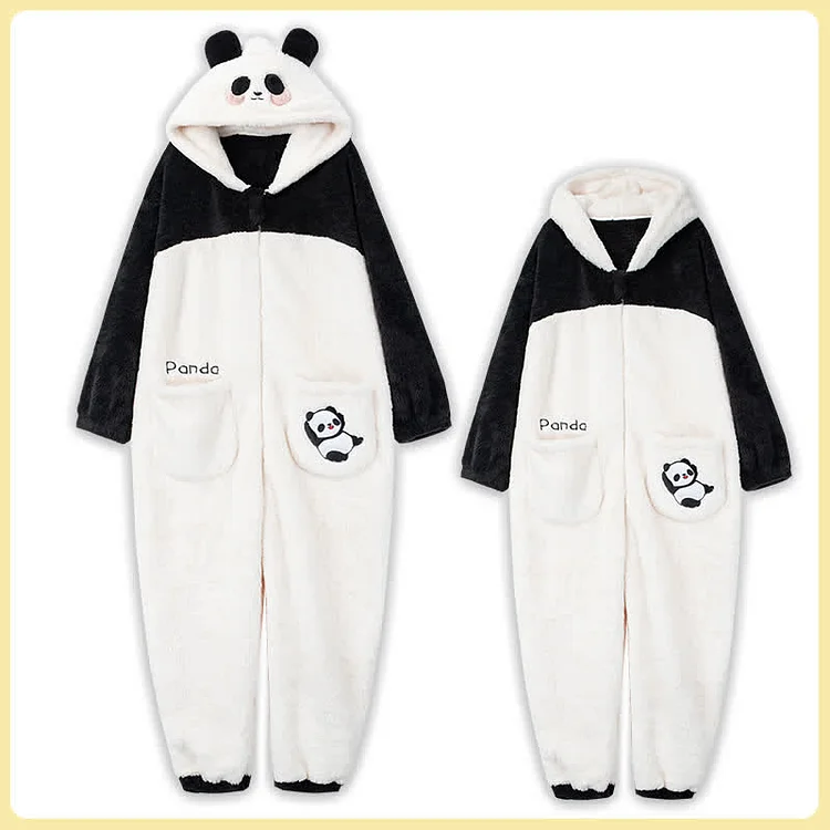 Cartoon Panda Embroidery Colorblock Zipper Plush Hooded Jumpsuit Pajamas - Modakawa Modakawa
