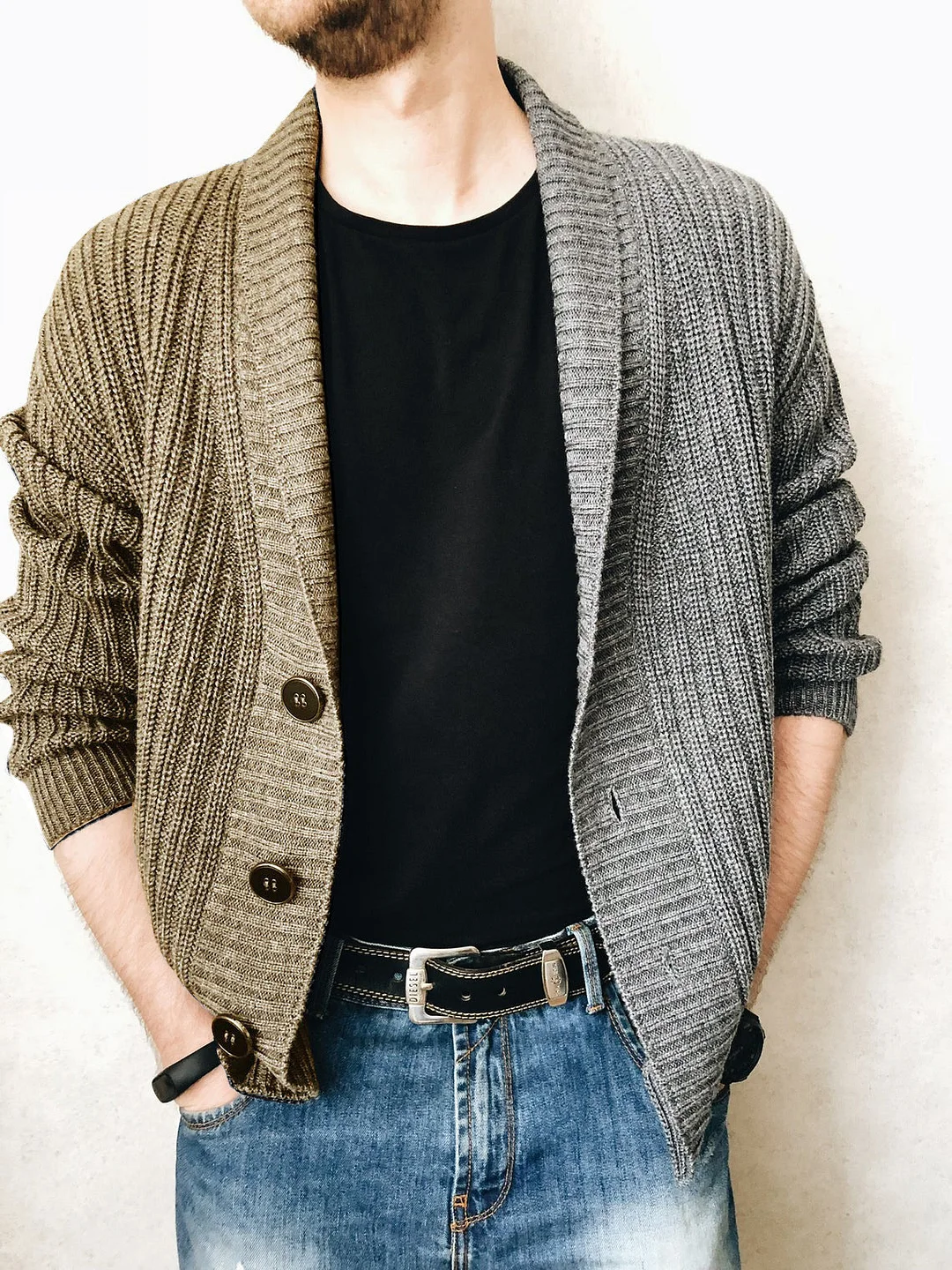 Men's Patchwork Color Block Long Sleeved Sweater Knitted Jacket Cardigan