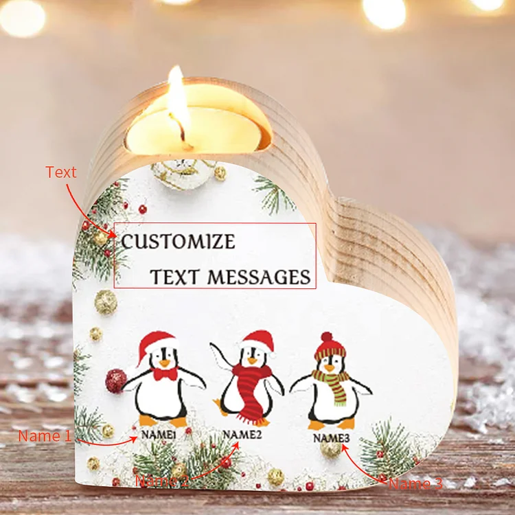 Personalisierte 3 Namen & Text Pingun Herzform Kerzenhalter- Familie Weihnachtsthema Kerzenhalter