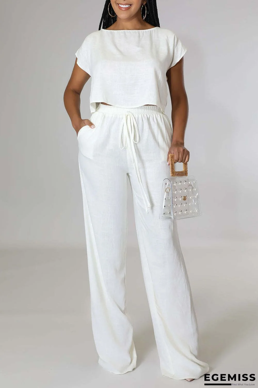 White Casual Solid Patchwork O Neck Short Sleeve Two Pieces | EGEMISS
