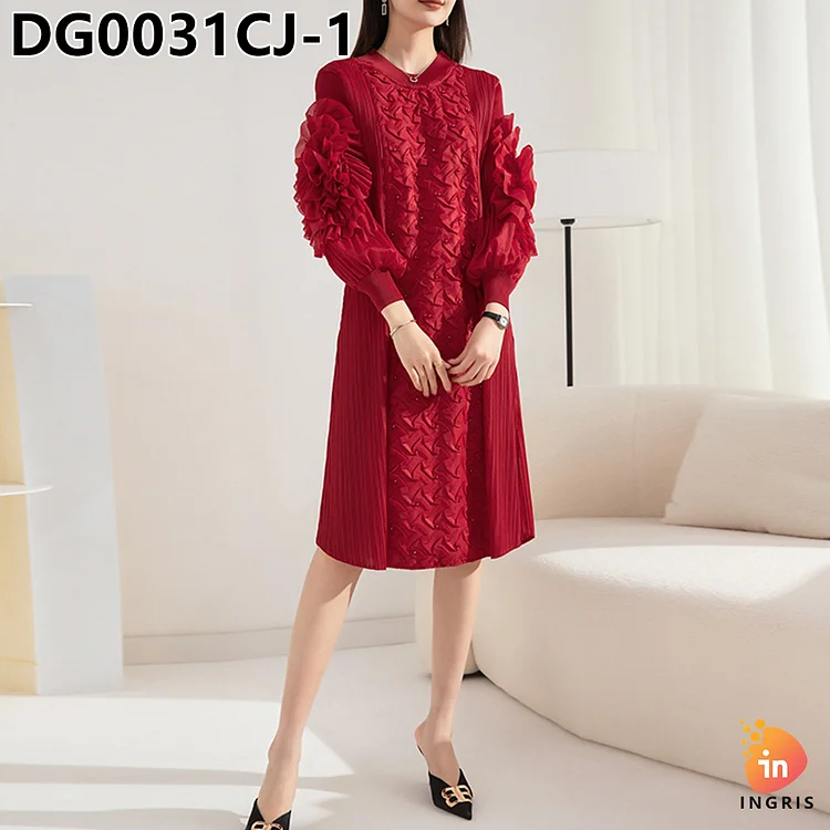 Tianbao pleated clothing 2024 autumn new solid color embroidered round neck long-sleeved elegant loose women's pants suit-DG00031CJ