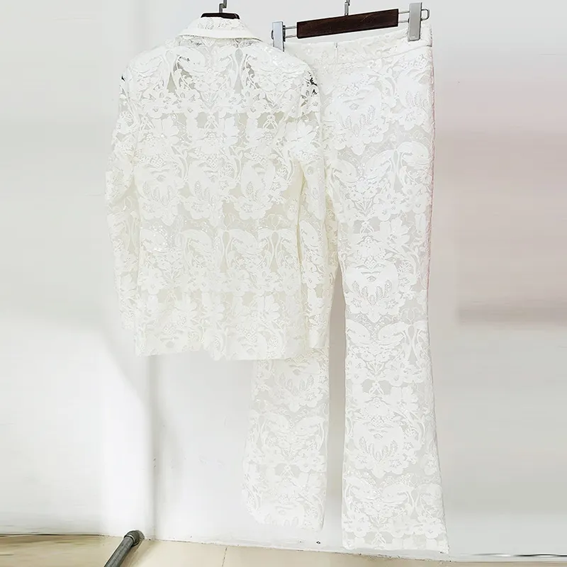 Nigikala Nigikala Fashion New Mesh Heavy Industry Embroidery Blazer Trousers Set Two-Piece Set