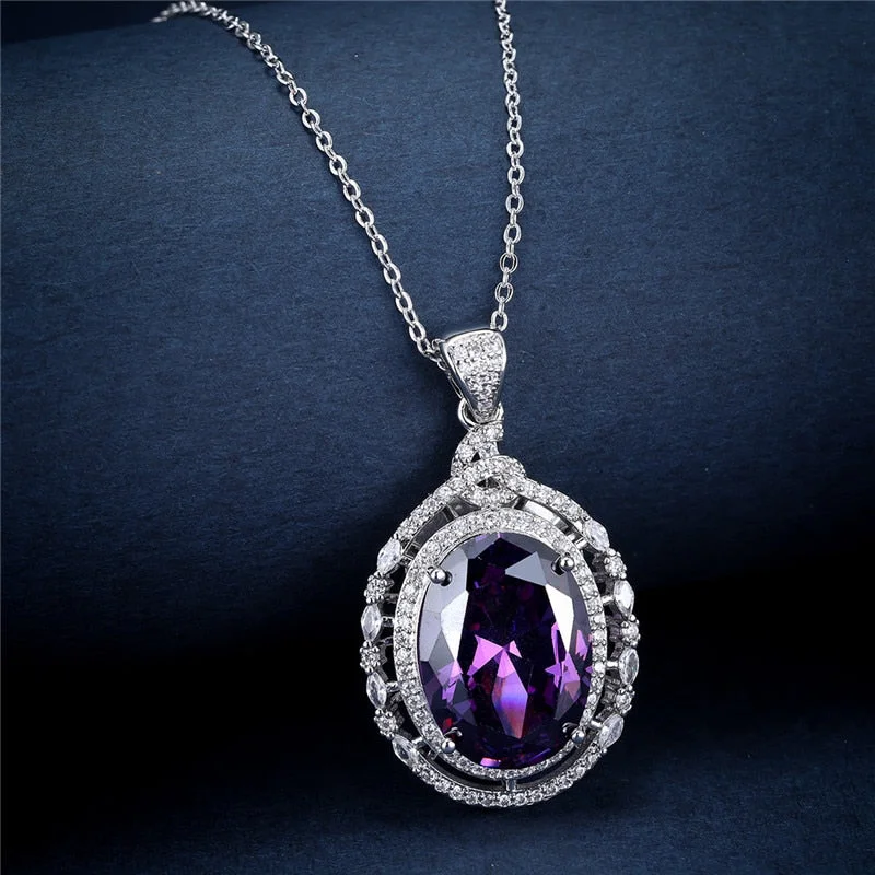 Trendy Female Crystal Oval Pendant Necklace Charm Silver Color Chain Necklaces For Women Cute Purple Zircon Wedding Necklace