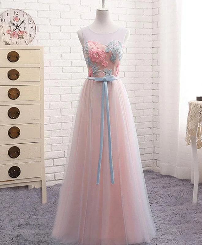 Pink A Line Round Neck Lace Tulle Long Prom Dress, Evening Dress