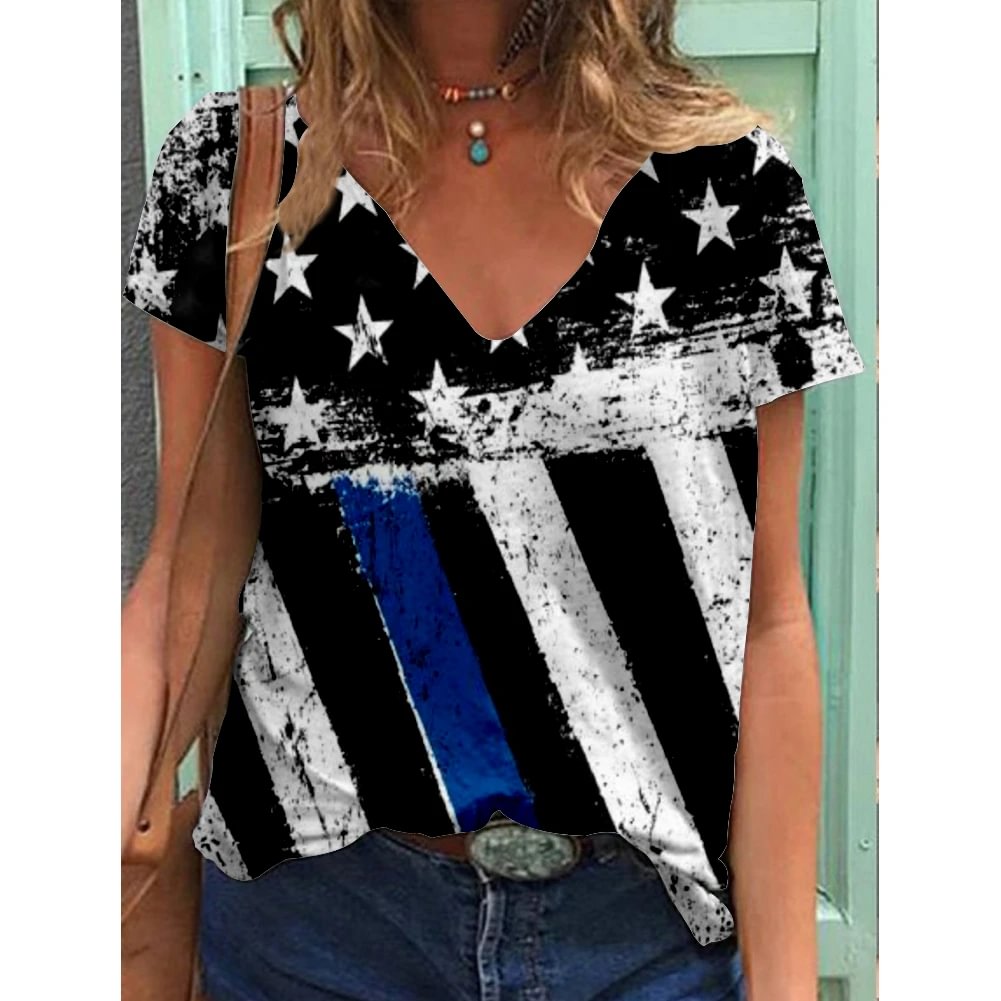 American Flag Print V Neck Short Sleeve Vintage T-shirt