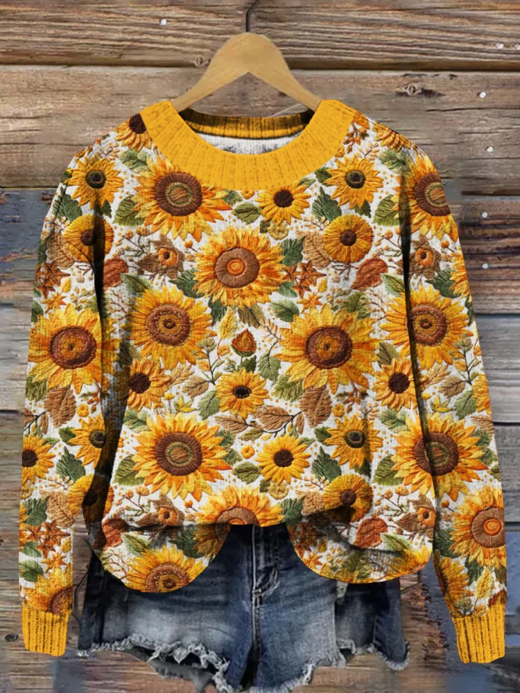 Sunflower Floral Embroidery Art Cozy Knit Sweater