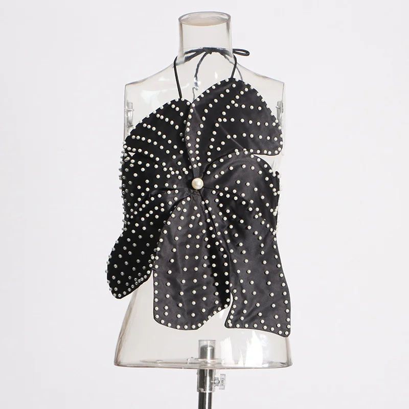 Woherb Woherb Hot Girl Designer Autumn 2024 New Hanging Neck Three-Dimensional Flower Nail Bead Pearl Wipe Chest Top-Outfit Ideas