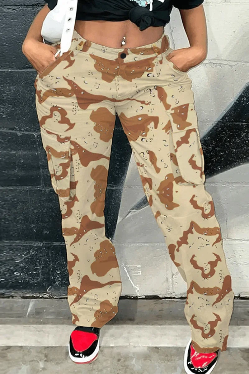 Fashion Casual Camouflage Print Patchwork High Waist Regular Denim Jeans