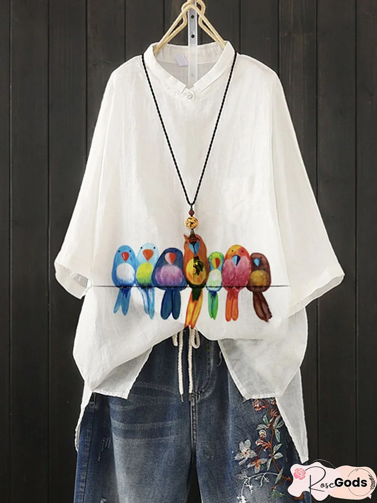 White Cotton-Blend Casual Bird Tops