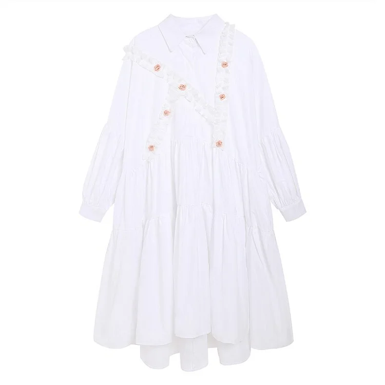 Chic Loose Solid Color Lapel Splicing Fungus Edge Flowers Decor Long Sleeve Shirt Dress  