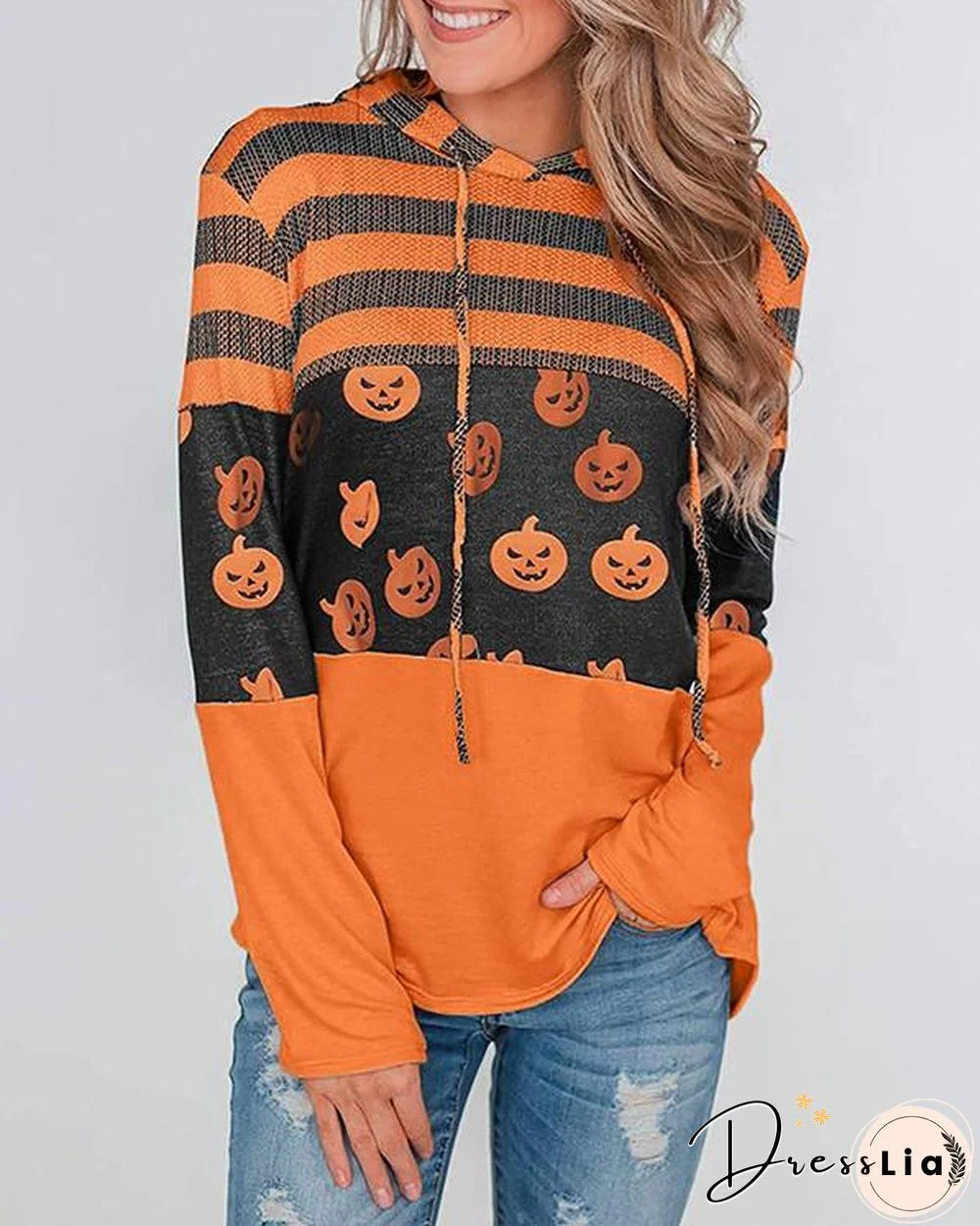 Pumpkin Print Color Block Splicing Drawstring Hoodies