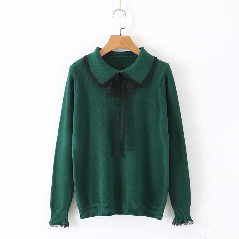 Lace Lace-up Doll Collar Long-sleeved Sweater Female Long-sleeved Fashion Flower Edge Stitching Knitted Sweater Pullover Women