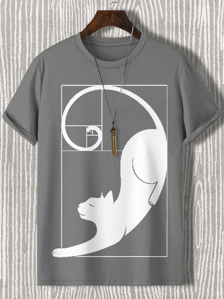 100% Cotton Men's Fibonacci Cat The Golden Ratio Print Casual T-Shirt