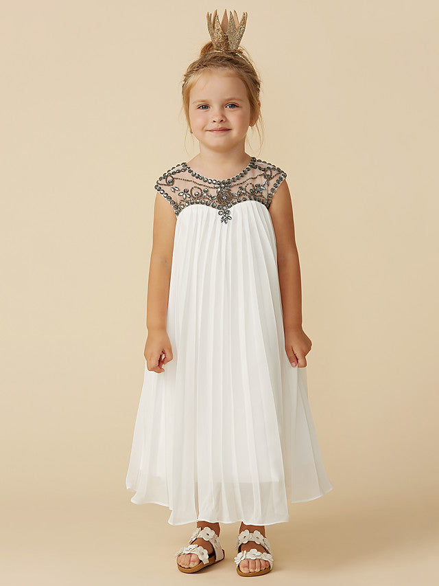 Oknass A-Line Short Sleeve Jewel Neck  Flower Girl Dresses Chiffon With Beading