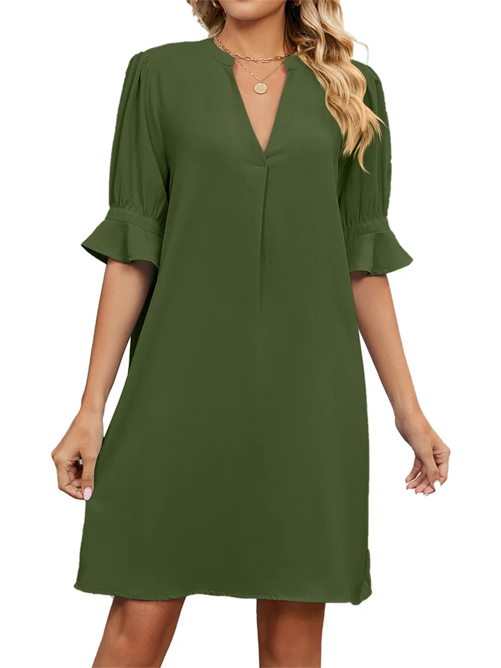 Explosive Doll Dresses In Europe and The United States New Women's Square Neck Silky Shrink Pleated Ruffle Sleeves High Waist Loose Dresses-JRSEE