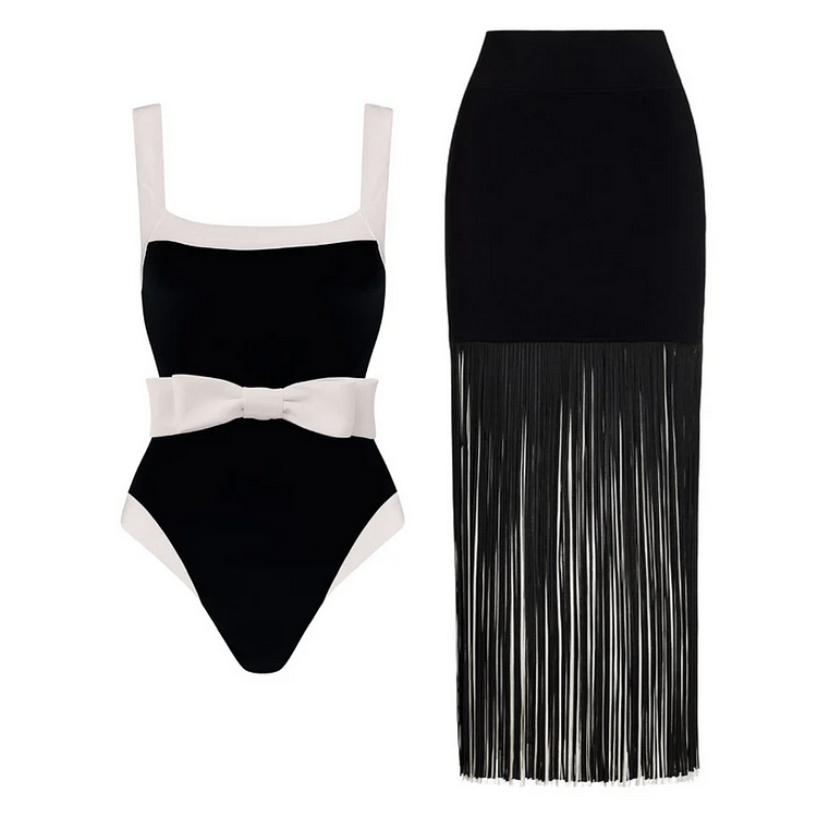 Bow Belted Black and White One Piece Swimsuit and Tassel Skirt