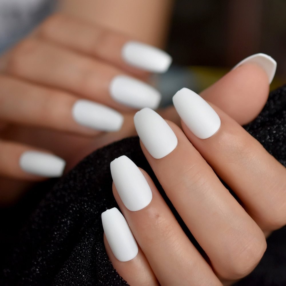 Matte White Ballerina False Nails Frosted Coffin Flat Press on Fake Nails Tips Faux Ongle Daily Finger Wear Free Glue Sticker