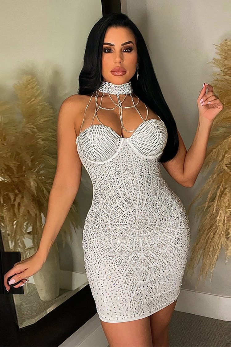 Halter Rhinestone Chain Off Shoulder Party Mini Dresses