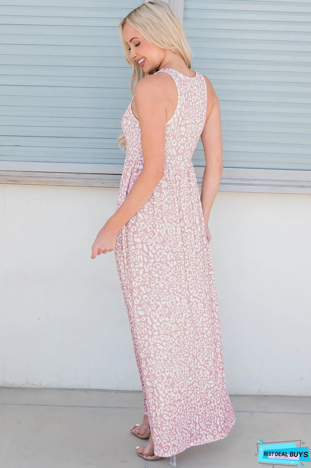 Leopard Round Neck Sleeveless Maxi Dress
