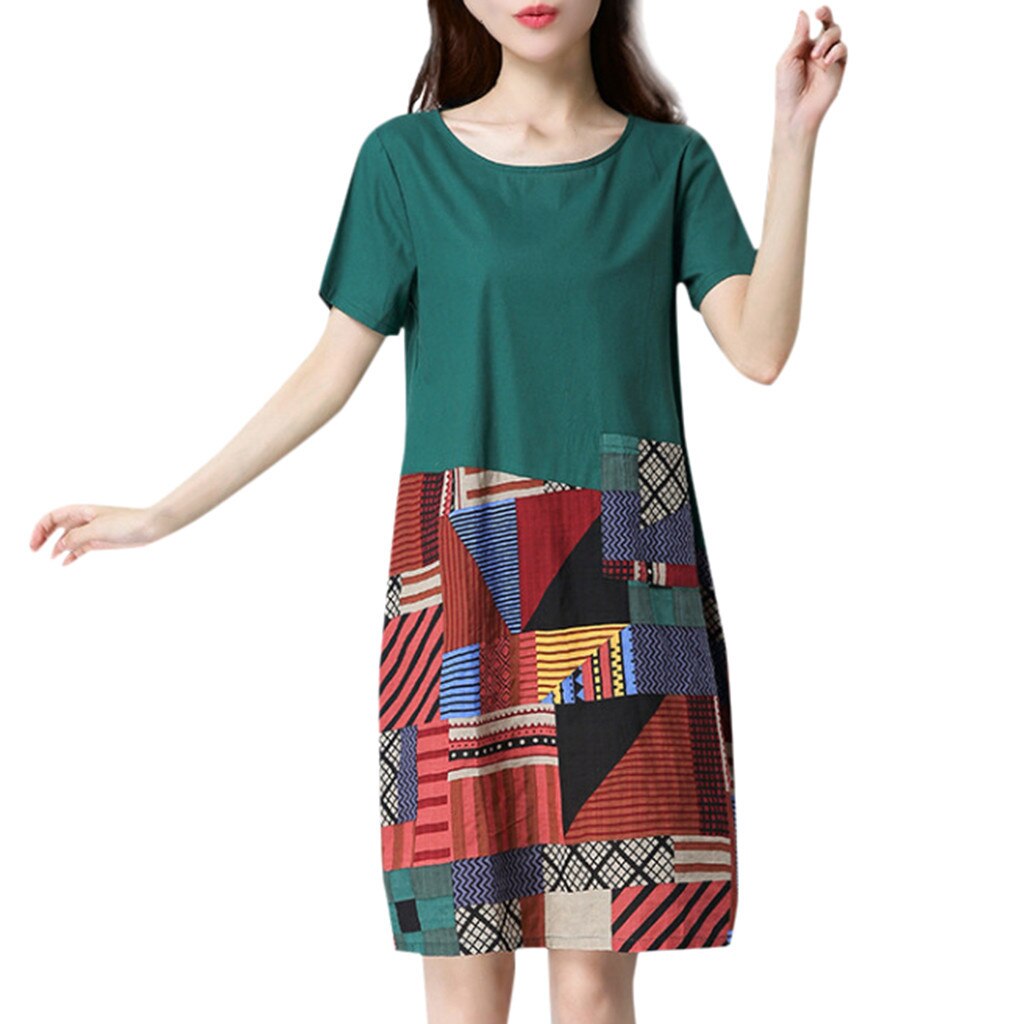 Women Casual Cotton Linen o Neck Short Sleeve Loose Print Dress Vestidos