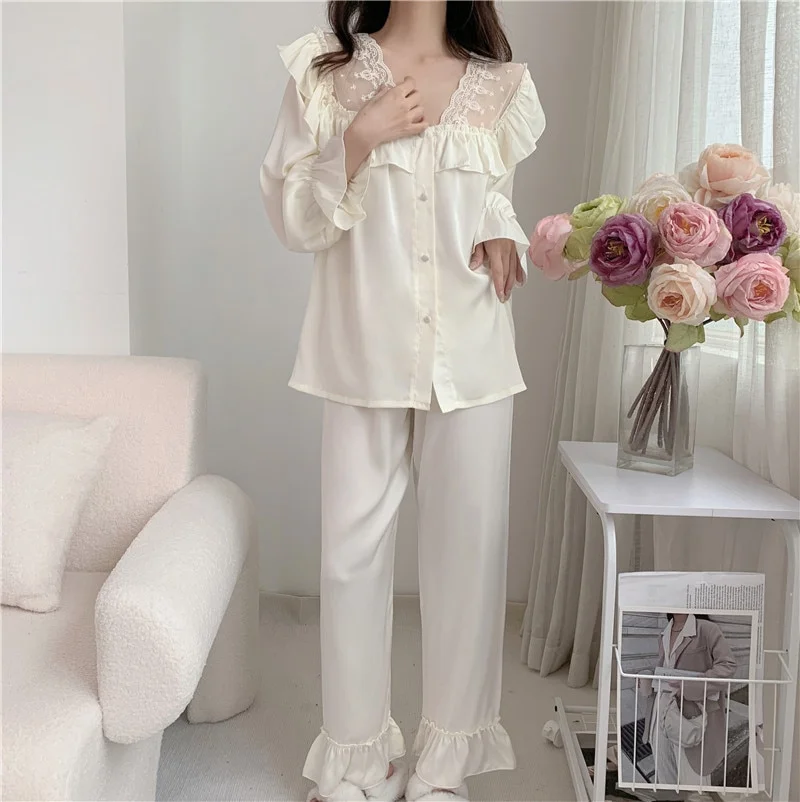 Female 2Pcs Pajamas Set Palace Style Princess Sleepwear Sweet Lace Ruffle Trouser Suits Nightwear Spring Autumn Rayon Home Wear